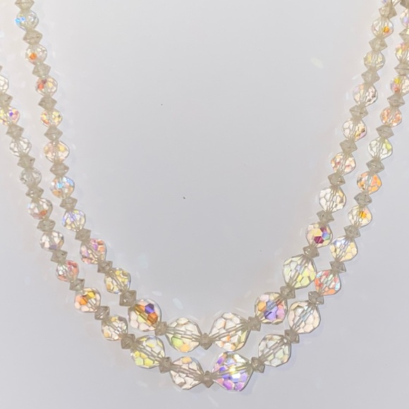 Vintage Aurora Borealis Double Stranded Beaded Choker 15" Necklace - Picture 6 of 6